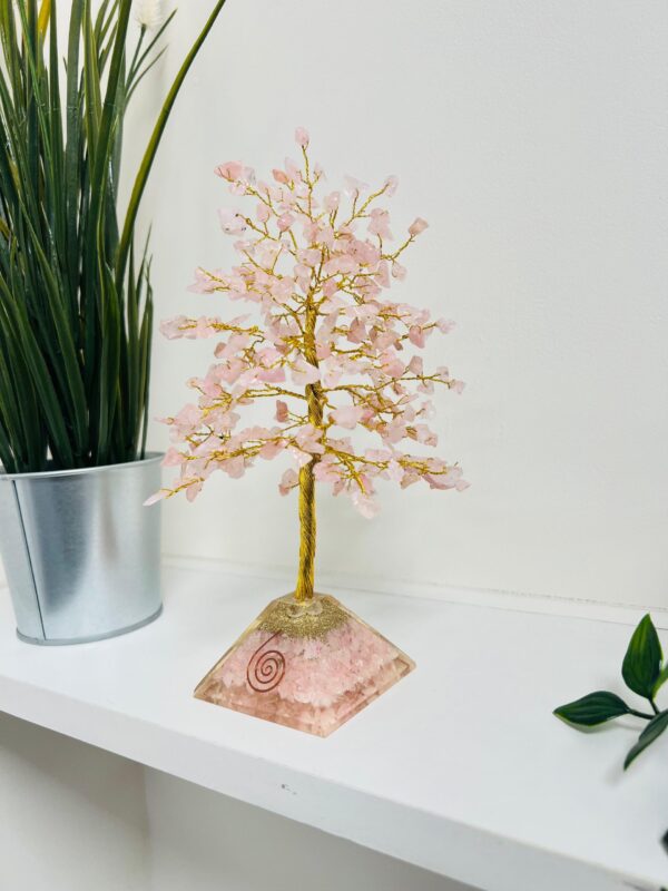Rose Quartz crystal tree with Pyramid Base Gold wire