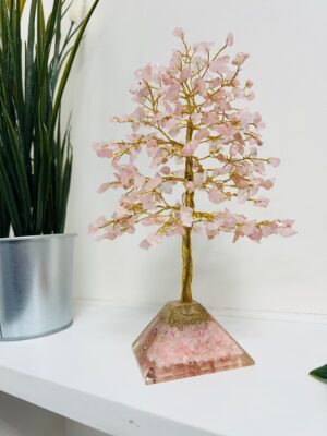 Rose Quartz crystal tree with Pyramid Base Gold wire