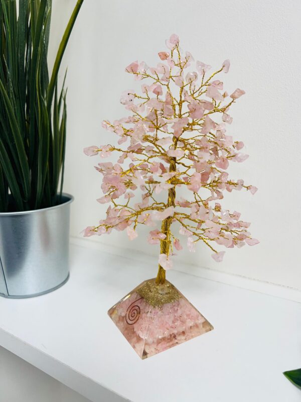 Rose Quartz crystal tree with Pyramid Base Gold wire