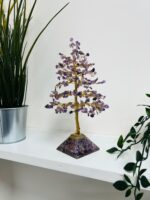 Amethyst crystal tree with Pyramid base gold wire