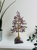 Amethyst crystal tree with Pyramid base gold wire