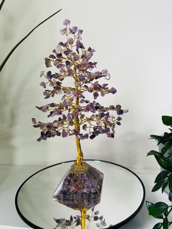 Amethyst crystal tree with Pyramid base gold wire