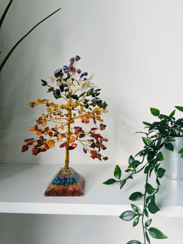seven chakra crystal tree With Pyramid base Gold wire