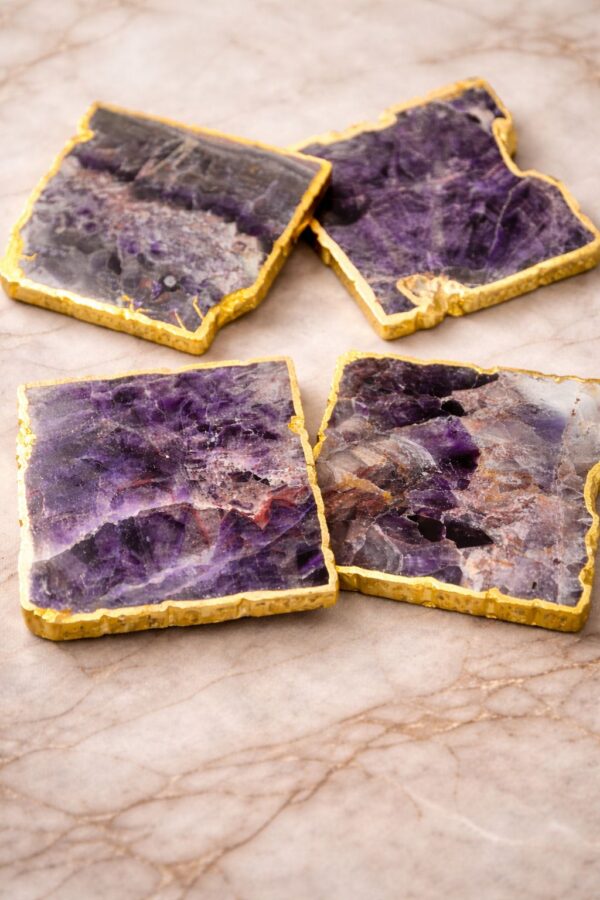 Set of 4 Natural Amethyst Coasters with Gold Edges
