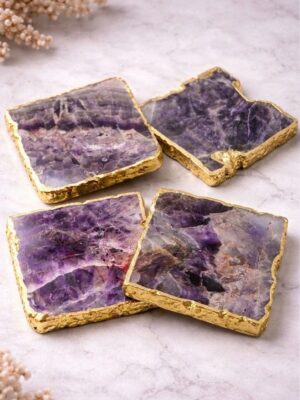 Set of 4 Natural Amethyst Coasters with Gold Edges