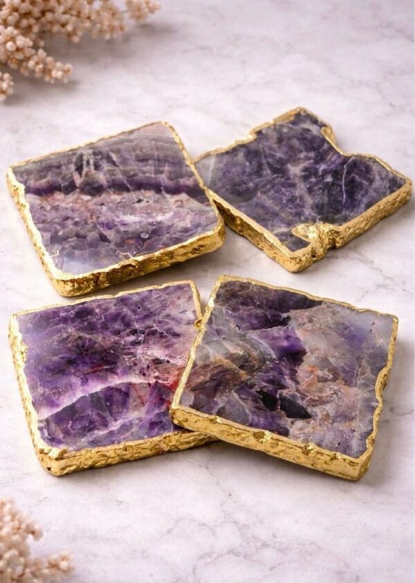 Set of 4 Natural Amethyst Coasters with Gold Edges